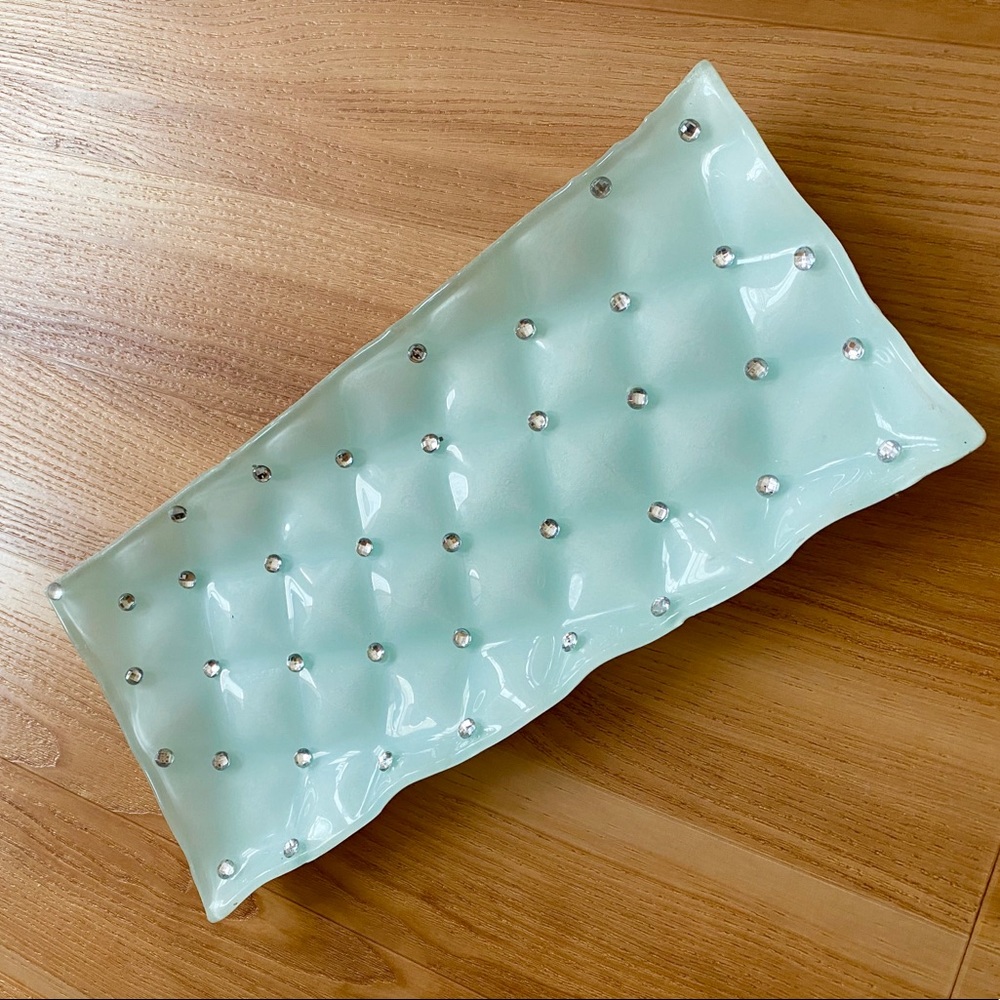 BEAUTIFUL GREEN GLASS VANITY TRAY FAUX RHINESTONE
